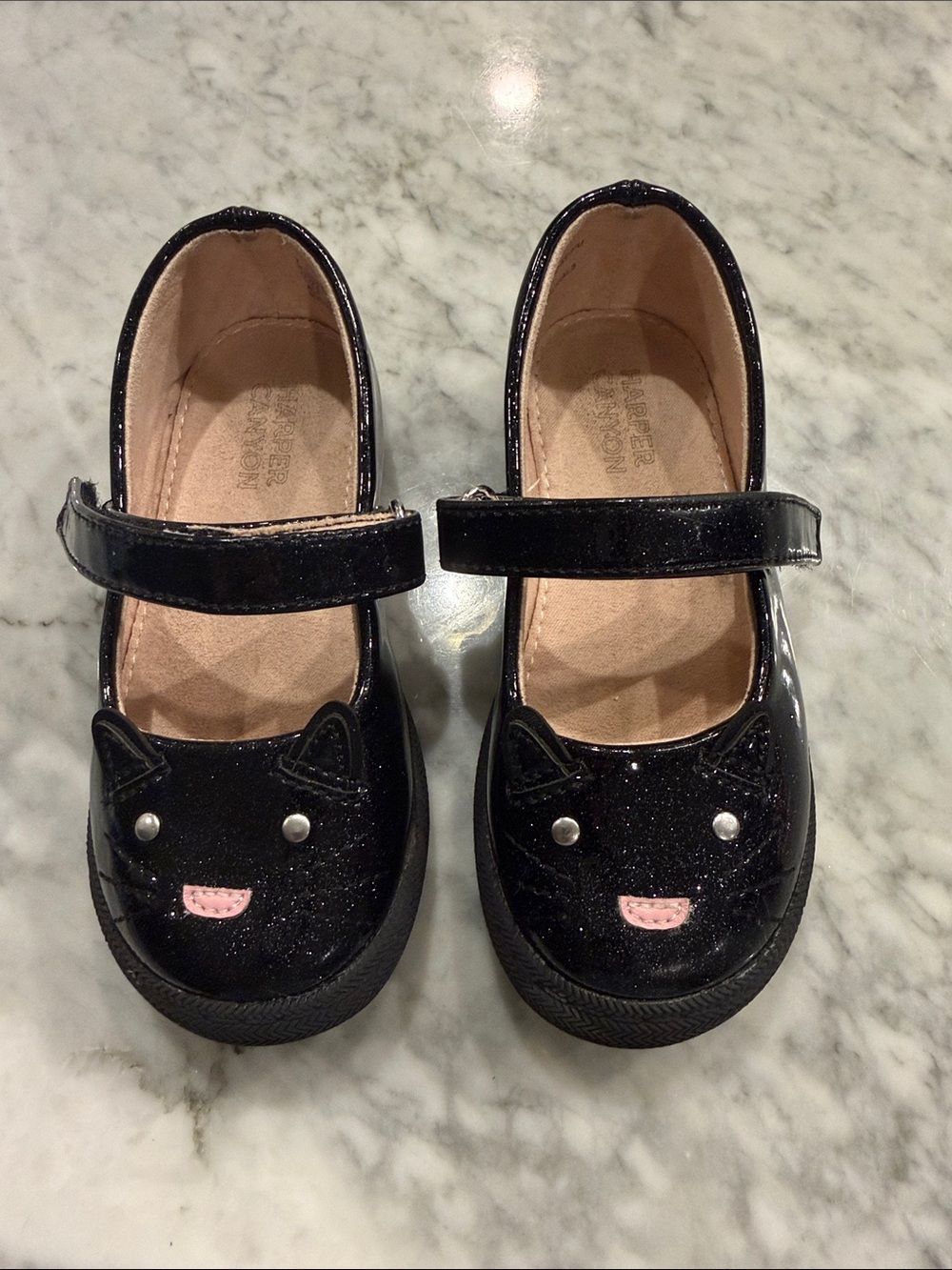 Harper Canyon Black Glitter Cat Mary Janes with Pink Accent